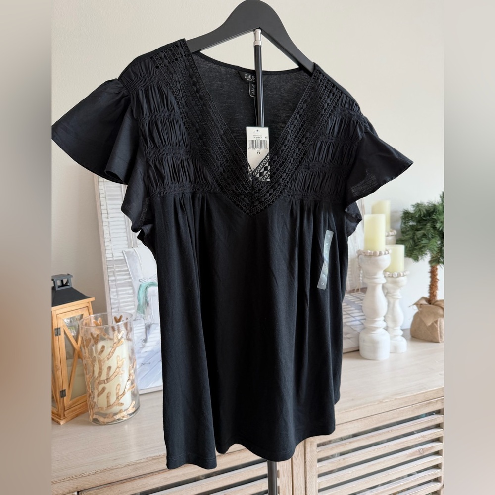 Ralph Lauren Black V-Neck Eyelet Flutter Sleeve Women's Top